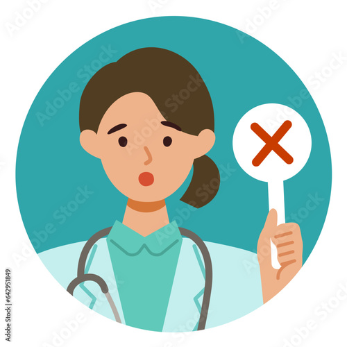 Doctor Woman wearing lab coats. Healthcare conceptWoman cartoon character. People face profiles avatars and icons. Close up image of Woman having warning expression .