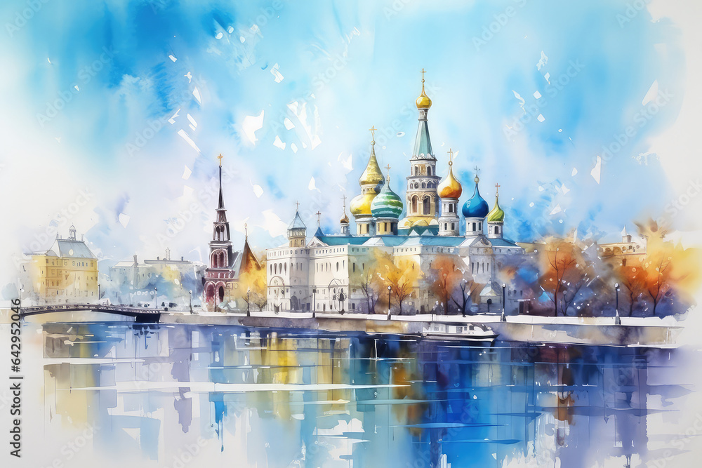 Obraz premium oil painting on canvas, Russia. Artwork. Big ben. a boat in the river. Building. famous travel. Bridge and river (ai generated)