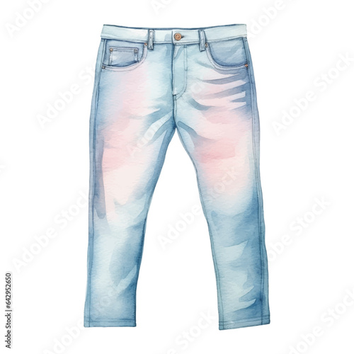 Watercolor hand drawn jeans, denim in pastel colors isolated on white background.