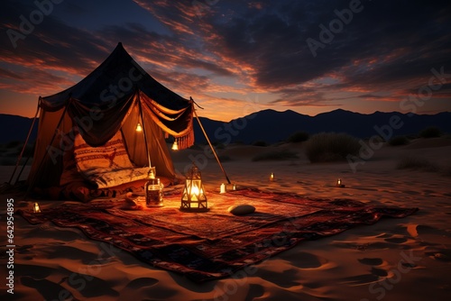 Oriental rug with canopy campfire. Night in the desert.