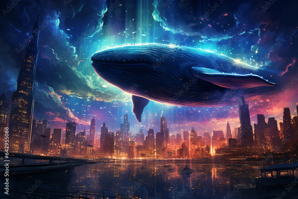 Fantasy whale in the cosmic fluorescent sky over the night city. Fantasy whale in the cosmic fluorescent sky over the night city.