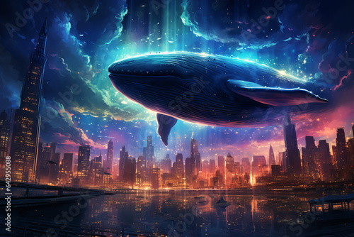 Fantasy whale in the cosmic fluorescent sky over the night city.
