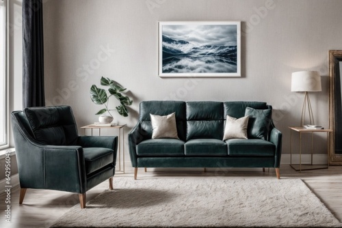 Interior mockup with picture frame on a Wall. Luxurious living room in with sofa and painting on a wall 3D render. 