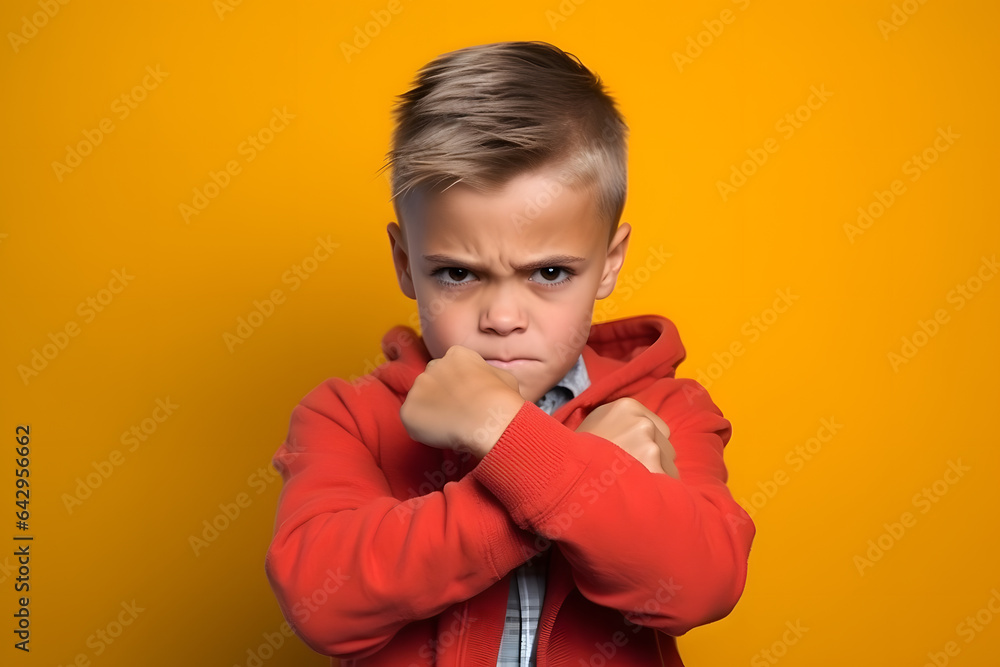 Studio portrait of a little boy being determined, having fists clenched, isolated on colorful background. Kids emotions or moods concept. Generative AI Studio portrait of a little boy being determined, having fists clenched, isolated on colorful background. Kids emotions or moods concept. Generative AI