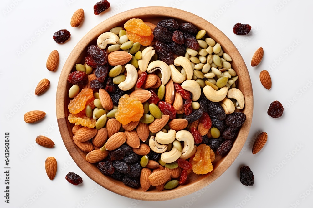 mixed Dried fruit and nuts trail mix with almonds, raisins, seeds isolated on white background, top view, copy space mixed Dried fruit and nuts trail mix with almonds, raisins, seeds isolated on white background, top view, copy space