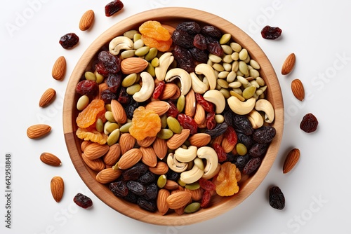 mixed Dried fruit and nuts trail mix with almonds, raisins, seeds isolated on white background, top view, copy space 