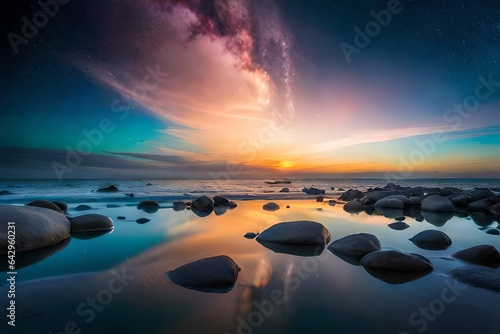 sunset on the beach, A flower made of galaxies of stars under the water, each petal a swirling nebula of colors and lights.