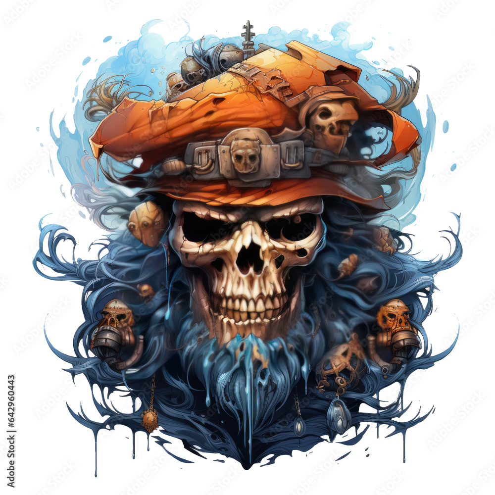 A skull head t-shirt design featuring a pirate-themed skull, adorned with eyepatch, Generative Ai