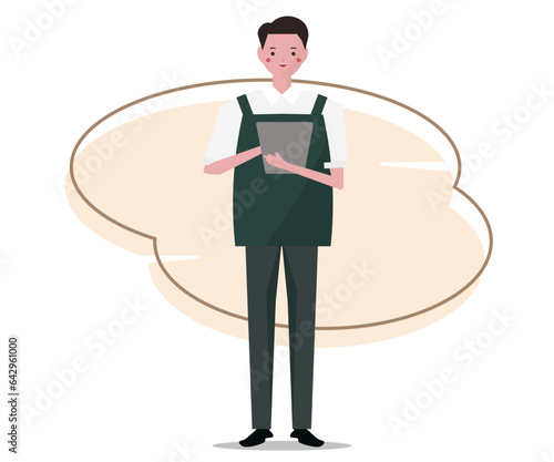 注文を取る店員の男性。ベクターイラスト