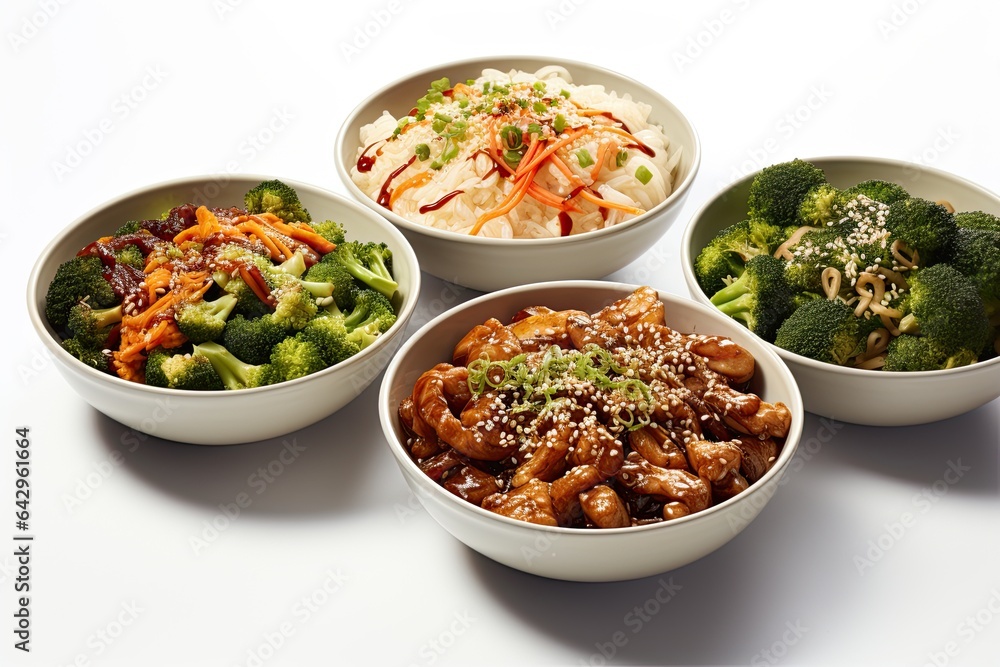 Set of bowls with tasty Chinese food on white background