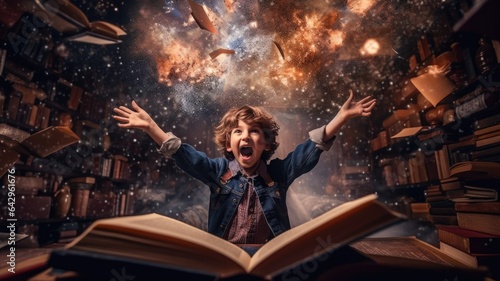 Boy excited with an opened magical book with wave of astral magical elements flowing out. Generative AI image weber.