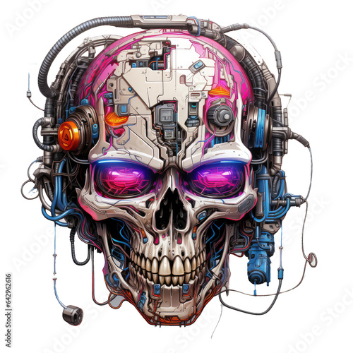 A skull head t-shirt design with a futuristic cyberpunk twist, where the skull is integrated with neon lights and augmented reality interfaces, Generative Ai