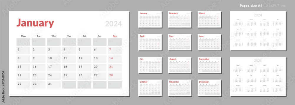 Set of Monthly pages Calendar Planner Templates 2024-2025 for wall or desk in grey and red color. Vector layout of calendar with week start Monday for print. Pages for size A4 or 21x29.7 cm Set of Monthly pages Calendar Planner Templates 2024-2025 for wall or desk in grey and red color. Vector layout of calendar with week start Monday for print. Pages for size A4 or 21x29.7 cm