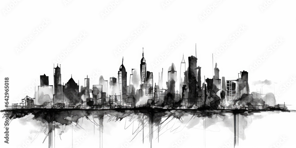 one continuous line drawing black and white sketch loose strokes splotchy freehand city skyline. beautiful Generative AI AIG32