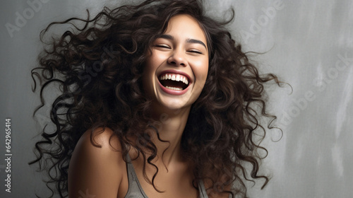 Fotografia, Obraz Headshot of girl with curly hairstyle wearing grey camisole send sweet on grey color background