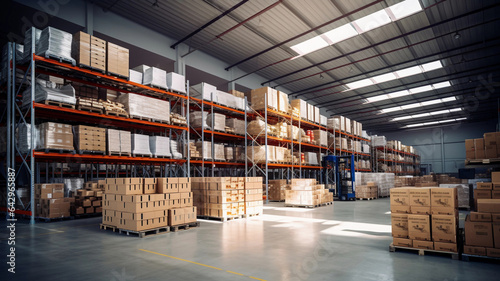 Spacious modern warehouse filled with boxes, packages ready for dispatch, shipping. Goods well organized on shelves. Concept of streamlined logistics and efficient storage. Warehouse interior view