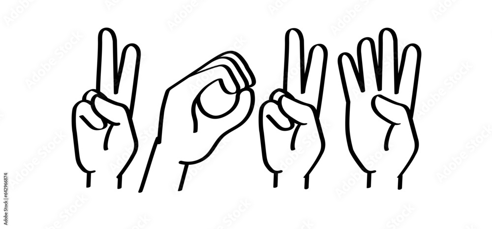 Obraz premium Drawing cartoon deaf sign language, 2024. Deafness cartoon. Gestures hand. Flat vector. For best wishes card or banner, happy new year 2023. Christmas, xmas time.