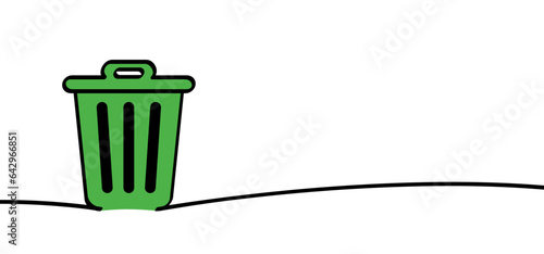 Green, drawing litter basket or litterbin. Clean up and trashcan, Waste bin. Cleaning tools. Container logo or pictogram. Recycle, delete box. Wheelie bin. Garbage bag, container. Recyclable material