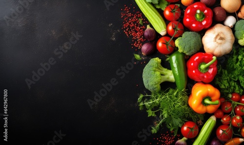Top view vegetables on black background. Vegetarian organic food banner. Created by AI tools