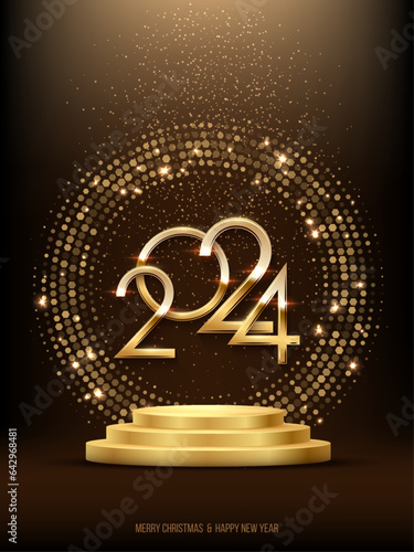 2024 gold numbers in shiny circle on golden podium vector vertical banner template. Winter holiday, New Year and Christmas congratulations. Festive postcard, luxurious greeting card concept