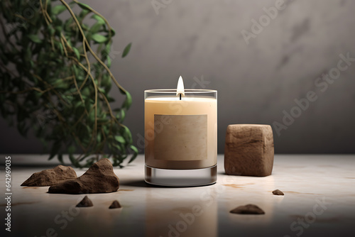 Generative AI, burning candle on beige background. Home interior, comfort, spa, relax and wellness