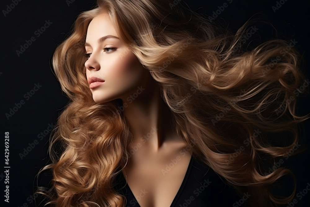 Beautiful woman in profile with medium long and shiny wavy hair. Beauty ...