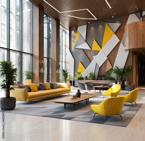 an office lobby with yellow and gray furniture, wood paneled walls, large windows, and floor to ceiling lighting