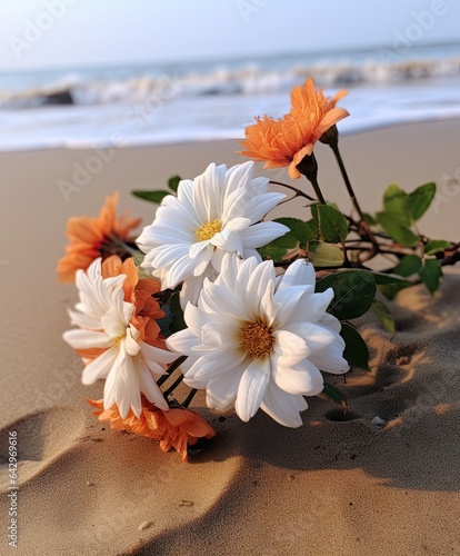 flowers in the sand at the beach with waves crashing on the shore and blue sky behind them are white, orange and yellow photo