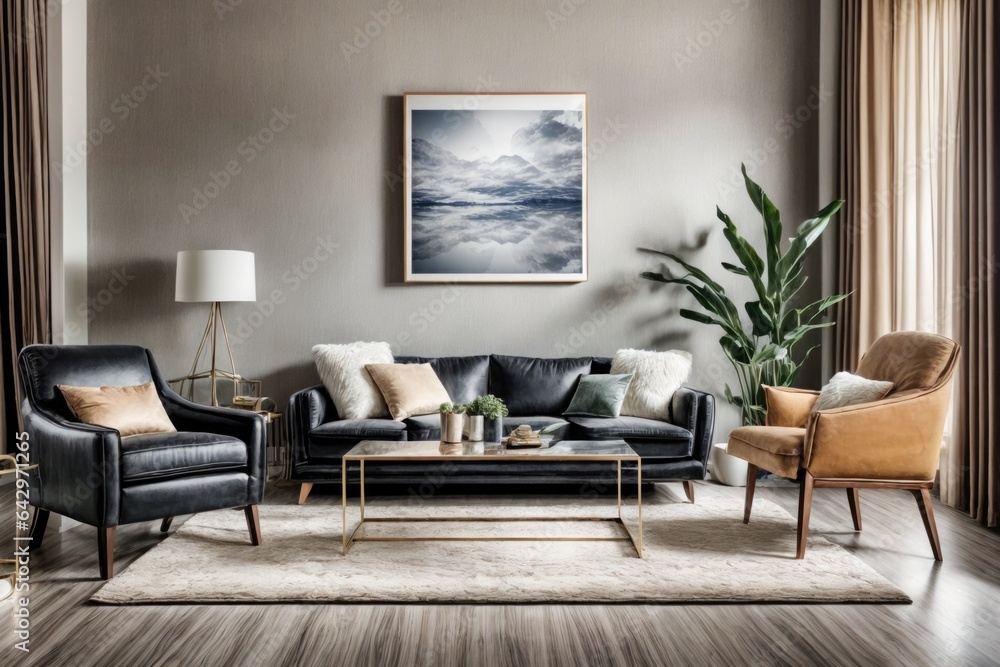 Interior mockup with picture frame on a Wall. Luxurious living room in with sofa and painting on a wall 3D render. Interior mockup with picture frame on a Wall. Luxurious living room in with sofa and painting on a wall 3D render.