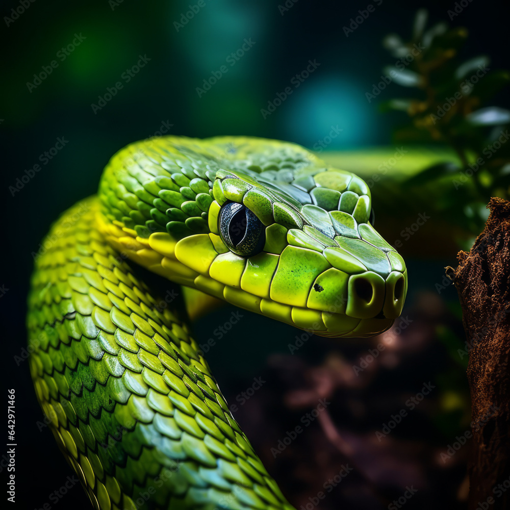 Fototapeta premium Close-up of a green mamba in the Amazon forest