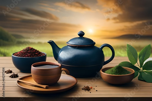 teapot and cup of tea on the wooden table photo