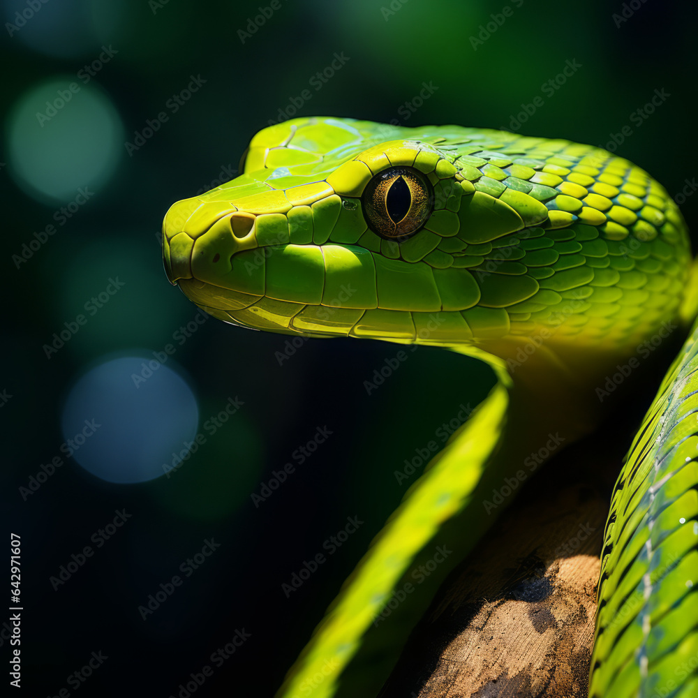 Fototapeta premium Close-up of a green mamba in the Amazon forest