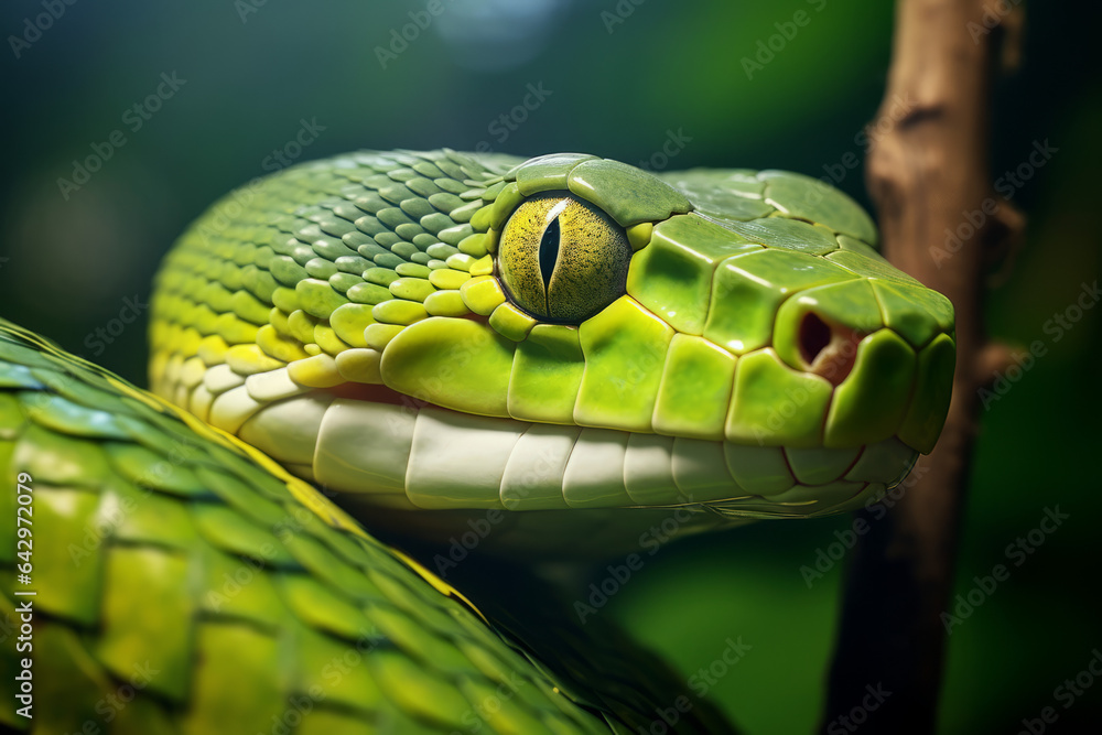 Close-up of a green mamba in the Amazon forest Close-up of a green mamba in the Amazon forest