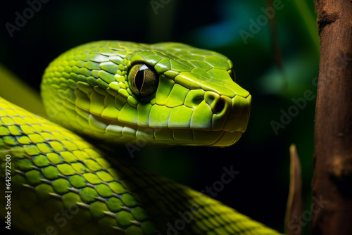 Close-up of a green mamba in the Amazon forest