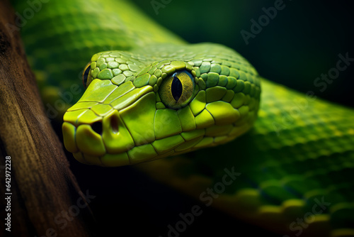 Close-up of a green mamba in the Amazon forest