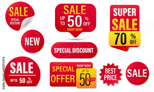 Set of yellow and red vector badges template isolated on white background, Discount tag collection, Mega sale, special offer. Design for website and advertising. Vector illustration.