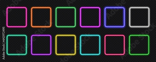 Neon frame square set. Glowing coloful rounded rectangle borders. Geometric shape action button UI elements with copy space. Purple, blue, pink, yellow, green, red text boxes. Vector illustration.