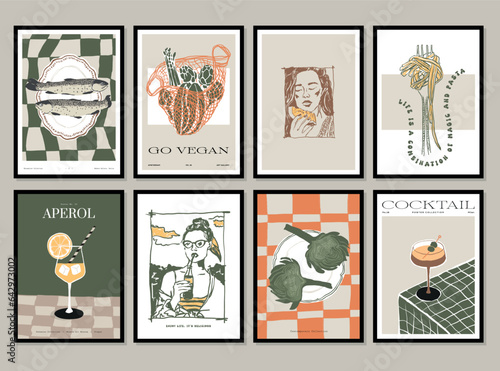 Food and drinks vector illustration collection. Art for postcards, branding, logo design, background.