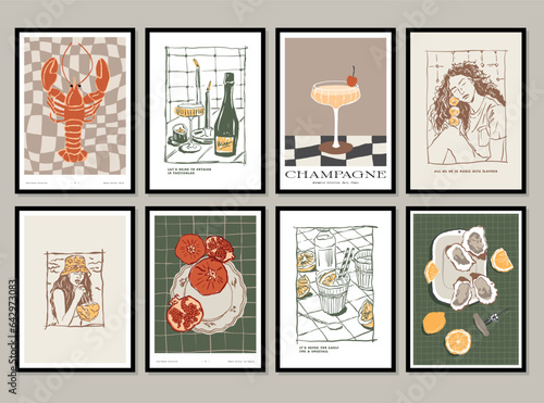 Food and drinks vector illustration collection. Art for postcards, branding, logo design, background.