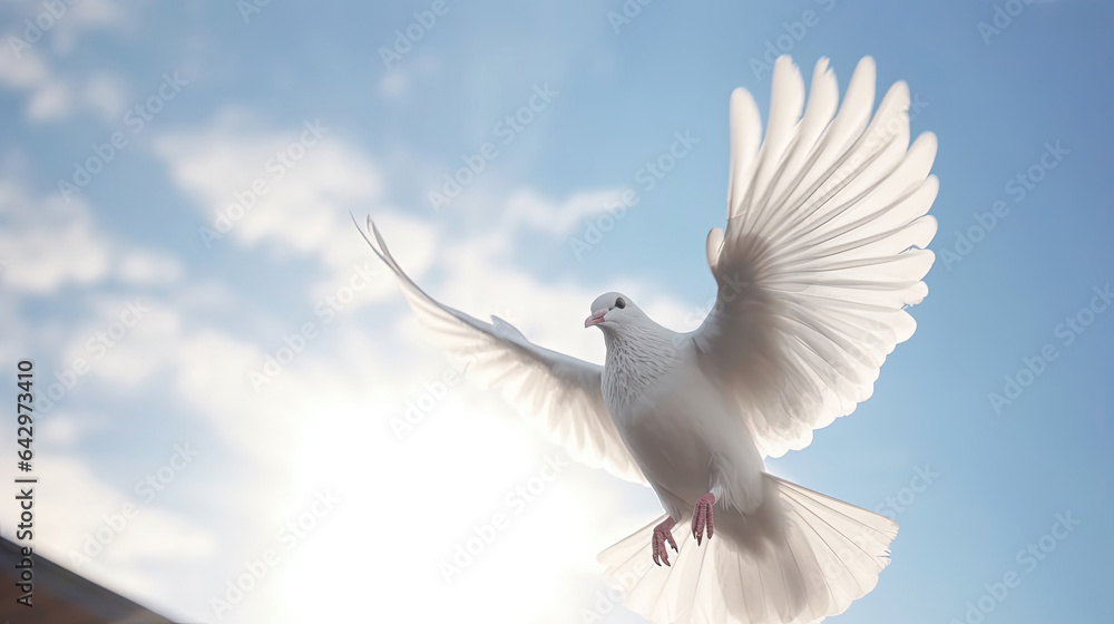 Obraz premium A white dove in the blue sky air with wings wide open in front of the sun. Freedom concept and international day of peace. Generative Ai