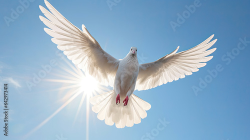 A white dove in the blue sky air with wings wide open in front of the sun. Freedom concept and international day of peace. Generative Ai