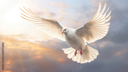 A white dove on bright light shines from heaven background. Symbol of love and peace descends from sky. Generative Ai © tong2530