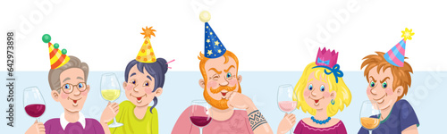 Happy birthday! Five young people with glasses of wine in their hands in holiday hats. Banner in cartoon style. Isolated on white background. Vector flat illustration.