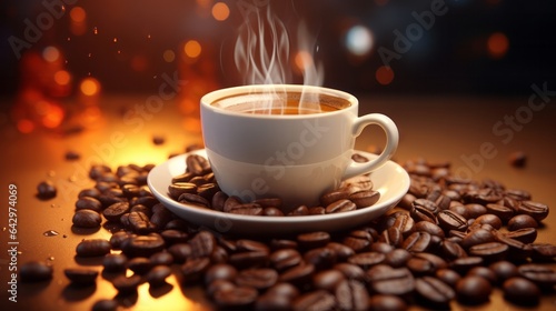 A steaming cup of coffee on a bed of fresh coffee beans