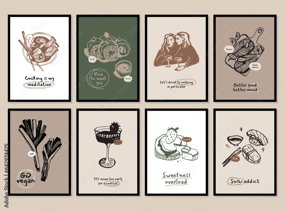 Food and drinks vector illustration collection. Art for postcards, branding, logo design, background.