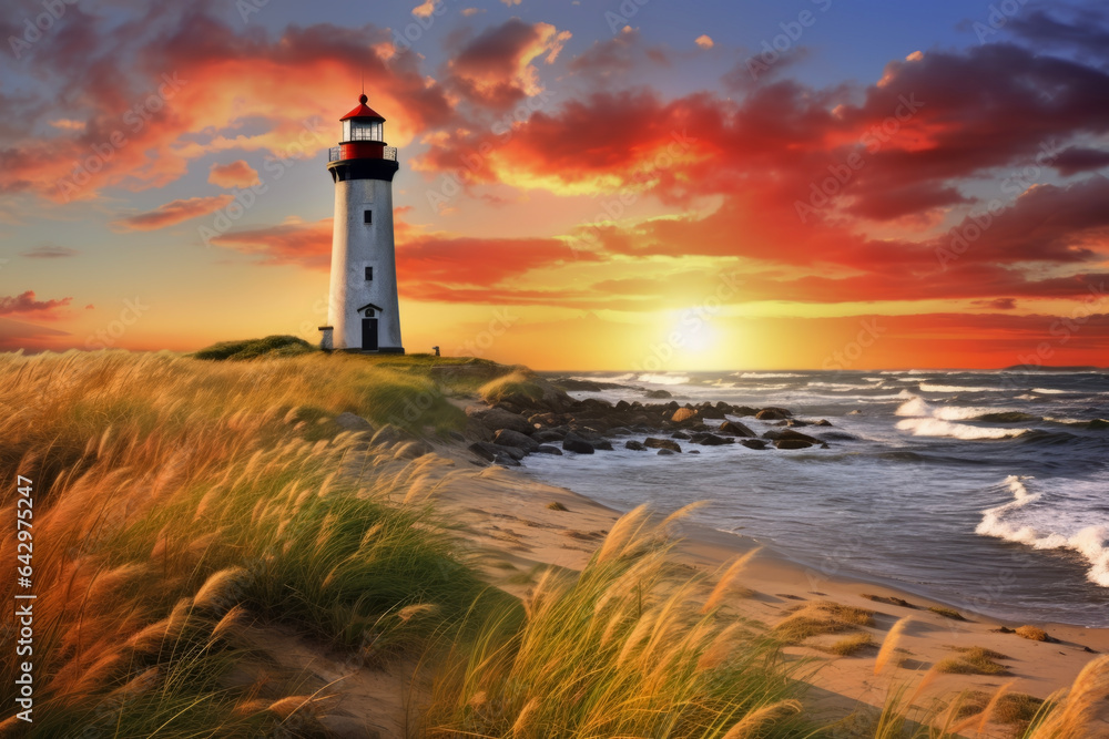 The lighthouse, the large sea of rough waves and the landscape of grass shaking on the sandy beach. Beautiful sunset and dazzling background. An abstract concept suitable for nature and landscape.