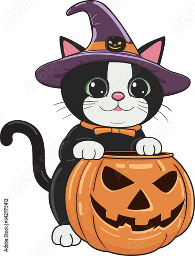 cute Halloween fat tuxedo black cat pumpkin trick or treat vector illustration © Jaq
