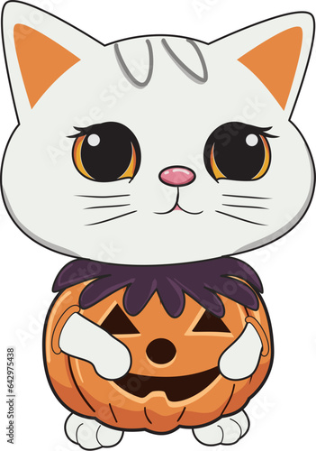 cute Halloween fat white cat in pumpkin costume trick or treat vector illustration