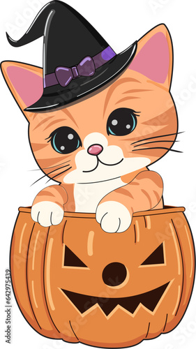 cute Halloween fat orange tabby cat, pumpkin trick or treat vector illustration