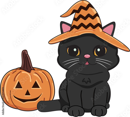 cute Halloween fat black cat pumpkin trick or treat vector illustration
